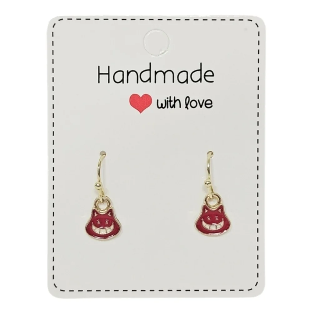 Cheshire Cat Dangle Earrings Red Enamel Gold Halloween Cat Jewelry - Picture 3 of 5